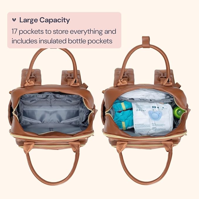 BabbleRoo Leather Diaper Bag Backpack - Baby Essentials Travel Baby Bag, Multi function, Water Resistant, with Changing Pad, Stroller Straps & Pacifier Case – Unisex, Natural Brown