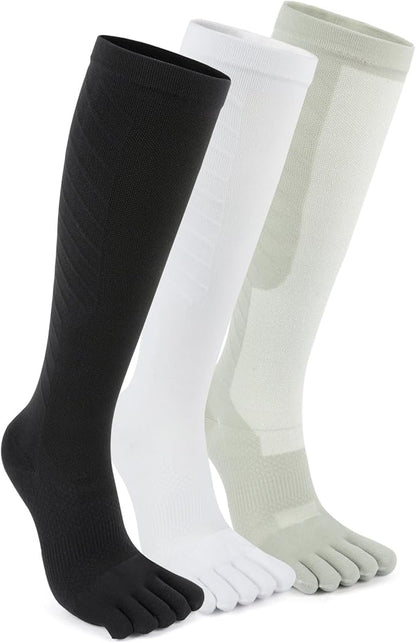 Compression Toe Socks for Men and Women 15-20mmHg, 3 Pairs, Knee High Five Finger Stockings