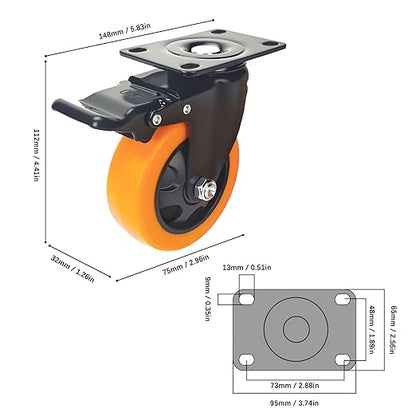 3 Inch Caster Wheels, Heavy Duty Casters Set of 4, Locking Top Plate Casters with Brake, Industrial Swivel Caster Wheels for Furniture and Workbench