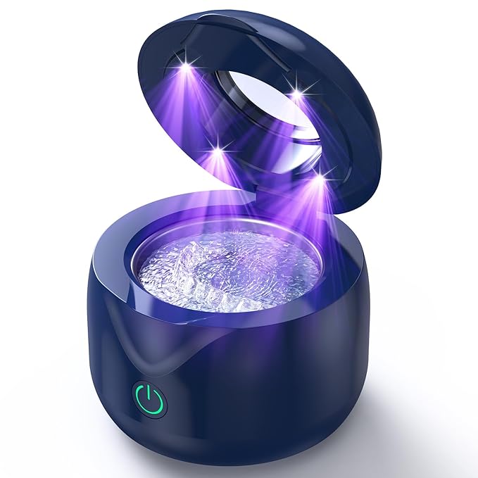 Ultrasonic Retainer Cleaner - UV Dental Cleaning Pod Night Guard Cleaner for Dentures, Aligner, Braces, Toothbrush Heads, Jewelry (Navy Blue)