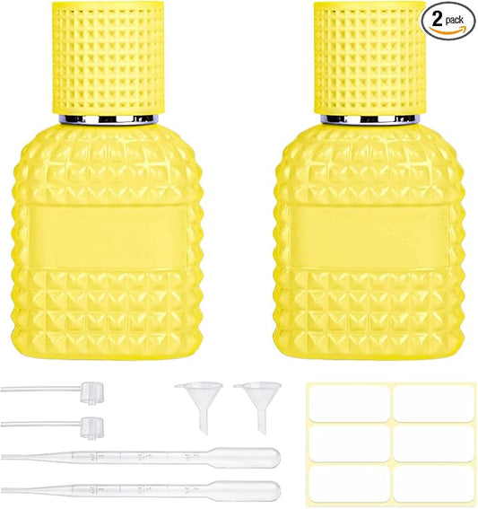 2 Pack 30ml Perfume Spray Bottles Empty, Refillable Glass Fine Mist Atomizer, Portable Travel Perfume Atomizers Fragrance Containers Sprayer for Cleaning, Essential Oils, Liquids (Yellow)