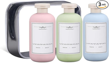 ASEVAT 10 oz Plastic Leak Proof Travel Bottles for Toiletries, Plastic Travel Size Containers, Shampoo and Conditioner Bottles Refillable Squeeze Bottle for Lotion, Body Wash (3Pcs)