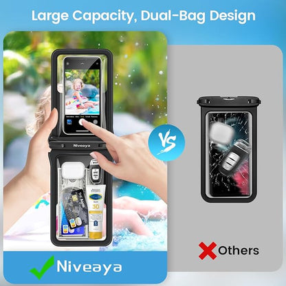 Niveaya Double Space Waterproof Phone Pouch (2-Pack) - IPX8 Phone Case Dry Bag for Beach, Kayak, Cruise Travel Essentials - Compatible with iPhone 17/16/15/14 Pro Max Galaxy S25/S24 Ultra (up to 8.3")