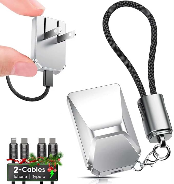 USB C Charger for iPhone 16/15 Charger Fast Charging,GaN Keychain Design Fast Wall Charger Block with USB C to C & C to Lightning Cable, Christmas Gift for Men,Foldable and Compact for iPhone(Silvery)