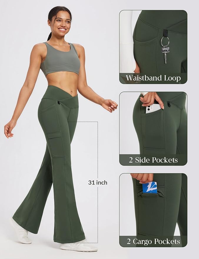 baleaf Women's Fleece Lined Pants Winter Thermal Water Resistant Crossover Flare Leggings Warm Bootcut Hiking Outdoor