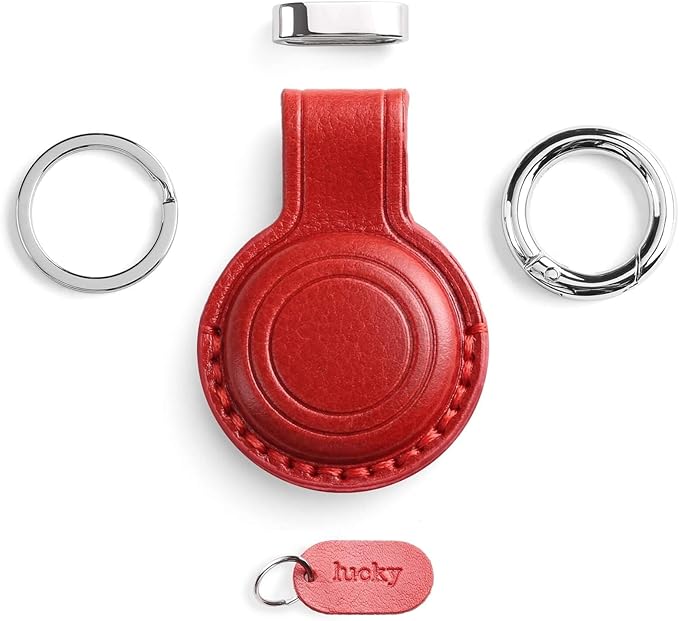 Genuine Leather Keychain Holder Compatible with AirTag - Secure Case Cover Key Ring Chain Fob Accessories Intended for Air Tag - Dark Red (2 Pack)
