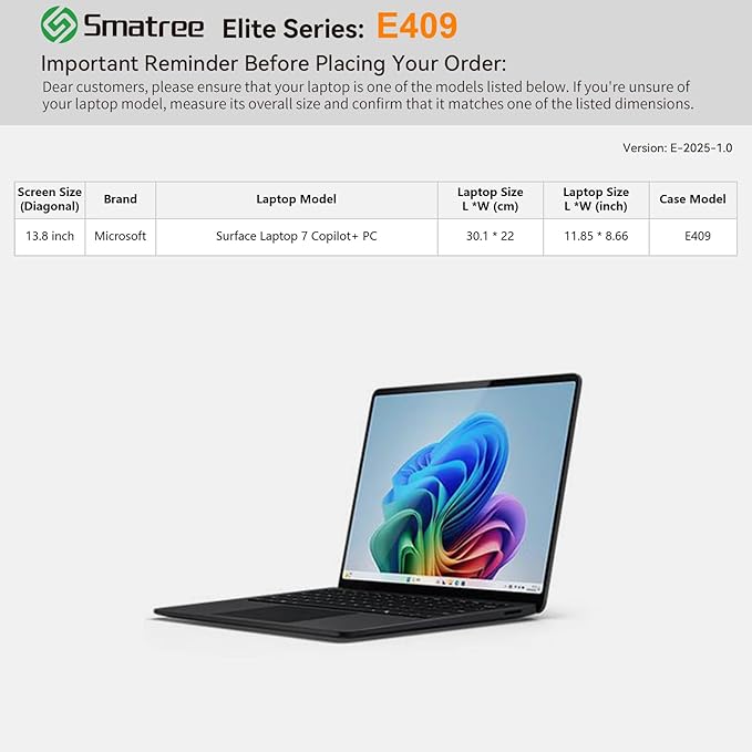 Smatree Laptop Sleeve for 13.8 inch Microsoft Surface Laptop 7 Copilot+PC,Case with Accessory Pocket,YKK Zipper,Patented Shockproof Design(E409)