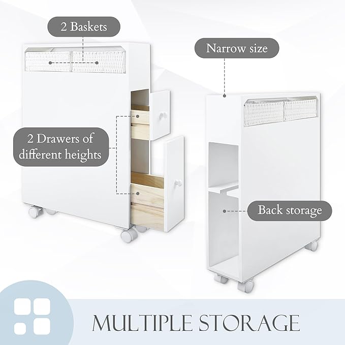 MASAKA B&W Slim Bathroom Storage Cabinet, Side Storage Organizer Toilet,Toilet Paper Storage, Movable Bathroom Storage Cabinet with 2 Drawers and Shelf, Corner Shelves