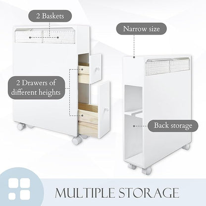 MASAKA B&W Slim Bathroom Storage Cabinet, Side Storage Organizer Toilet,Toilet Paper Storage, Movable Bathroom Storage Cabinet with 2 Drawers and Shelf, Corner Shelves