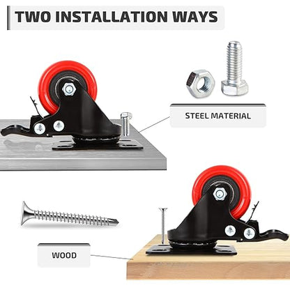 Nefish 2 Inch Casters (8 Pack), Heavy Duty Top Plate Caster Wheels with Brake, 360 Degree Durable Locking Furniture Swivel Castors, No Noise Polyurethane Wheels for Cabinet, Furniture