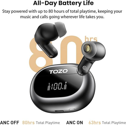 TOZO NC20 Active Noise Cancelling Wireless Earbuds, LDAC Hi-Res Sound Bluetooth Headphones, 6 Mics AI Call Ear Buds 80H Playtime, Dual Pairing, 32 EQ via App, IPX8 Waterproof, Wireless Charging Case