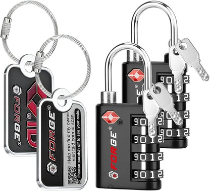 Forge Dual-Opening: Key or Combination Lock, TSA Approved Lock for Luggage, Pelican case, Travel, Gym, School, Luggage Combination Lock, Travel Bag Lock (Black 2 Locks and 2 ID)