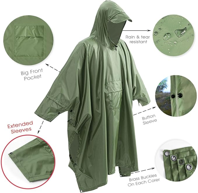 Cosmine Hooded Rain Poncho for Adult with Pocket, Waterproof Lightweight Unisex Raincoat Jacket for Hiking Camping Emergency