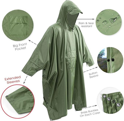 Cosmine Hooded Rain Poncho for Adult with Pocket, Waterproof Lightweight Unisex Raincoat Jacket for Hiking Camping Emergency