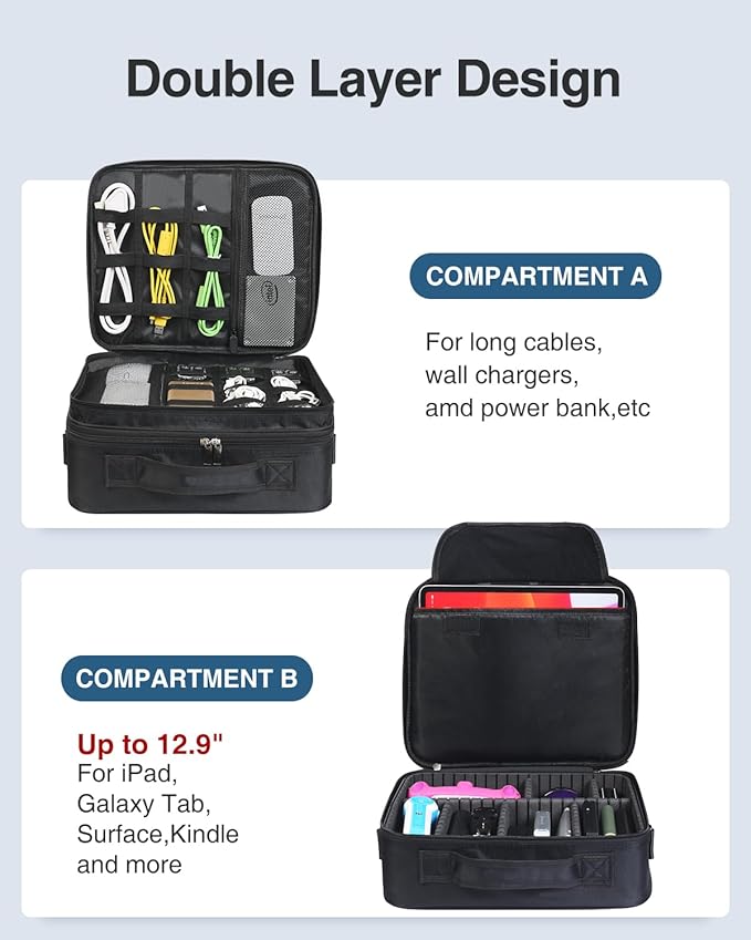Luxtude Electronic Organizer Travel Case Large, Double Layer Tech Carrying Case, Home Electronics Bag Fits for iPad (Up to 12.9 in)