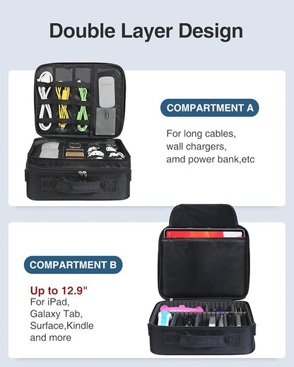Luxtude Electronic Organizer Travel Case Large, Double Layer Tech Carrying Case, Home Electronics Bag Fits for iPad (Up to 12.9 in)