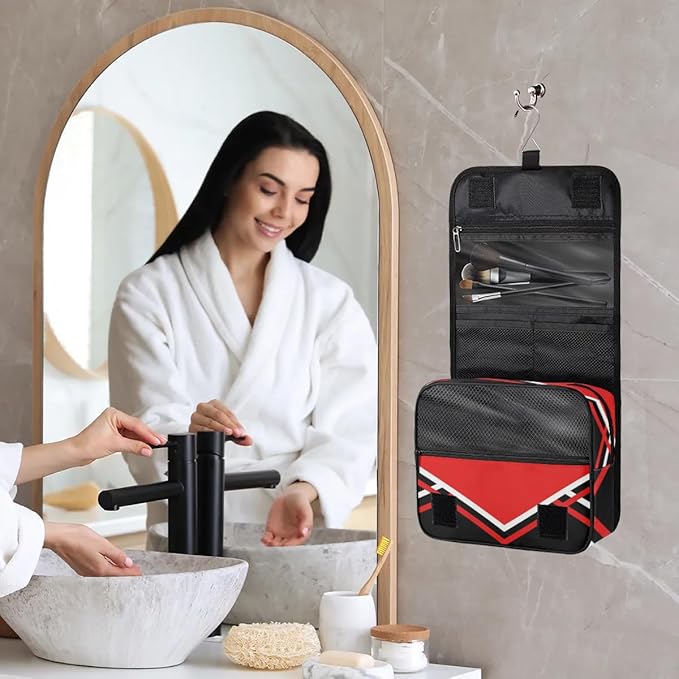 Personalized Name Hanging Toiletry Bag, Cheerleading Large Travel Cosmetic Bag Portable Makeup Organizer Bag for Women Men Bathroom Shower Essentials, Red Black Design