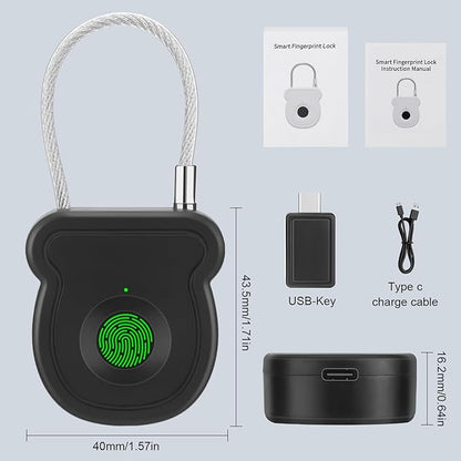 Fingerprint Padlock Lock with Key Backup, Biometric Metal Keyless Thumbprint Lock, Waterproof, USB Rechargeable, for Gym Locker, School Locker, Luggage, Backpack, Suitcase