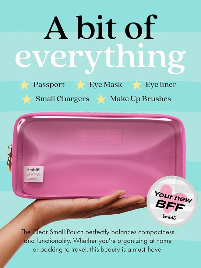 Embla London Makeup Bag Cosmetic Case, Clear Zipper Make Up Pouch and Toiletry Travel Tote, Cute Skincare Pouches for Women Girls, Preppy Purse Cosmetic Organizer, Small Makeup Bags, Bubblegum