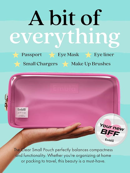 Embla London Makeup Bag Cosmetic Case, Clear Zipper Make Up Pouch and Toiletry Travel Tote, Cute Skincare Pouches for Women Girls, Preppy Purse Cosmetic Organizer, Small Makeup Bags, Bubblegum