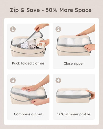 6 Set Compression Packing Cubes for Travel, Bonus Versatile Drawstring Backpack, Lightweight Luggage Organizer Bags, Sturdy Travel Accessories for Suitcase, Beige