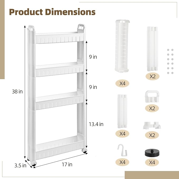 4 Tiers Slim Rolling Storage Cart, 3.5 in Slim Slide Out Bathroom Organizer Cart, Tiered Storage Rack with Wheels, Narrow Mobile Utility Cart for Laundry Room, Kitchen, Office, Sturdy Room