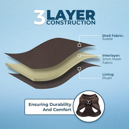 Best Pet Supplies - All Weather Mesh/Plush, Reflective, No Pull Harness for Small, Medium Dogs, Cats - Secure with Hook & Loop Fastener, Buckle, Double D-Rings - Chocolate Suede, L