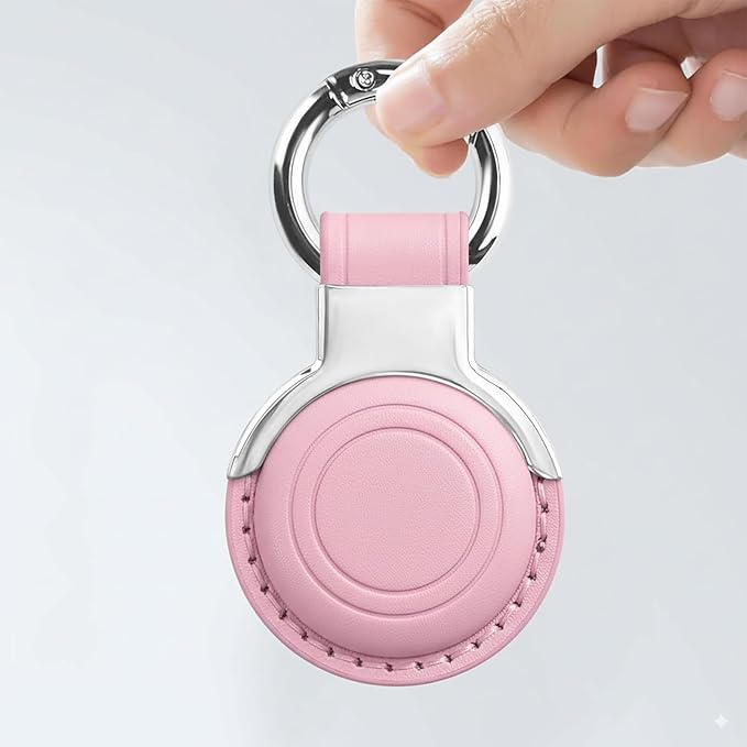 Genuine Leather for AirTag Holder Keychain for AirTag - Premium Handmade Protective Case Cover Accessories with Key Ring, Secure Hidden Design, All-in-One Package, Blossom Pink