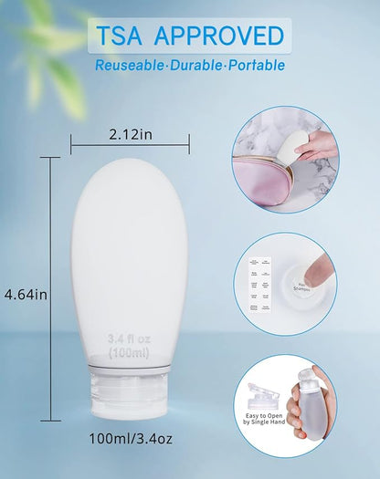 Silicone Travel Bottles for Toiletries TSA Approved Travel Size Containers Set 4 Pack Portable Leak Proof Refillable Cosmetic Squeeze Bottles Shampoo Hair Conditioner Body Lotion Bath Shower Gel