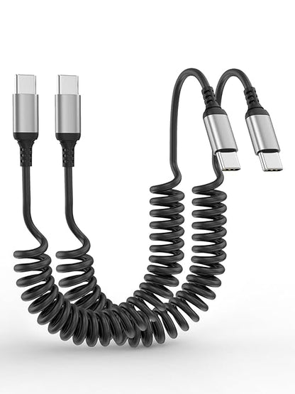 USB C to USB C Coiled Cable 3FT, 2 Pack Retractable USB C Cable for Car, Type C Fast Charging Cable Compatible with iPhone 17/16/15, Samsung Galaxy S25 S24 S23, Pixel 10 9