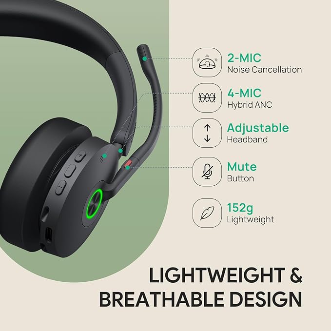 Yealink BH74 with Stand ANC Wireless Bluetooth Headset with Mic for Work, 6-mics Hybrid ANC Tech, Microsoft Teams Premium Open Ofﬁce Certified Headsets, up to 32h Talking Battery Life, Zoom Certified