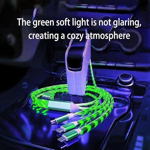 USB Cable PD Fast Charger Lighted Up (USB 3IN1 Green),Phone Data Cable, Flowing Light Charging Cable, 39-inch, TPE Material, Compatible with Almost All Phones, Tablets, and Headphones.