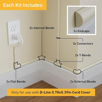 D-Line Small Cable Raceway Accessory Pack, Join 0.78in x 0.39in Cord Cover Lengths, 13 Accessories Included, Hide Cords Around a Variety of Angles - Beige