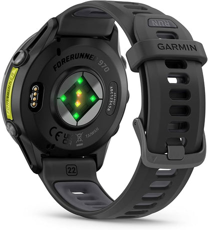 Wearable4U Garmin Forerunner 970 Carbon Gray DLC Titanium Smartwatch with Black Case and Black/Translucent Whitestone Band, AMOLED Display with Garmin HRM 600 M-L Power Bank Bundle
