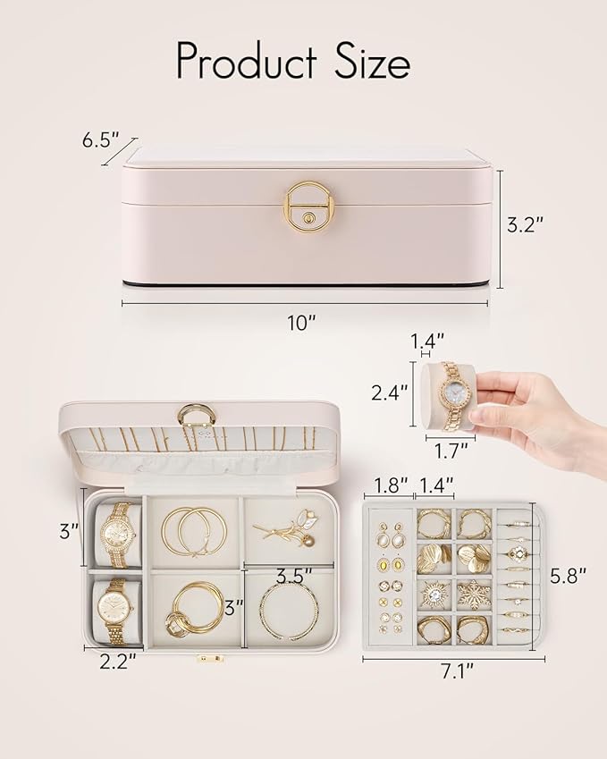 Vlando 2 Layer Jewelry Box,Jewelry Organizer Storage Lockable Earring Organizer Removable Jewelry Tray with Watch Pillow for Neckable Ring Bracelets-Apricot Pink