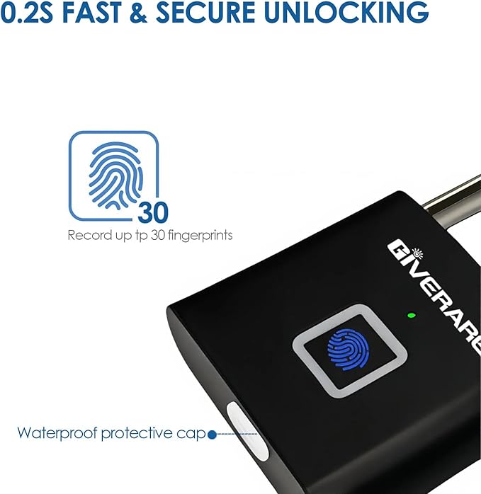 Fingerprint Smart Padlock, Biometric Metal Keyless Thumbprint Lock Alloy, USB Rechargeable, Quick Unlock Waterproof Rustproof Locks for Warehouses, Gym, Homes, Office, School Locker, Luggage-Black