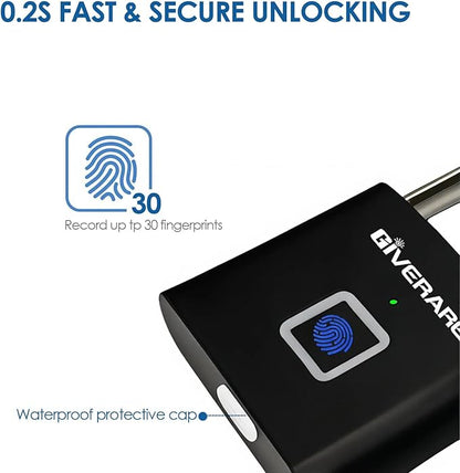Fingerprint Smart Padlock, Biometric Metal Keyless Thumbprint Lock Alloy, USB Rechargeable, Quick Unlock Waterproof Rustproof Locks for Warehouses, Gym, Homes, Office, School Locker, Luggage-Black