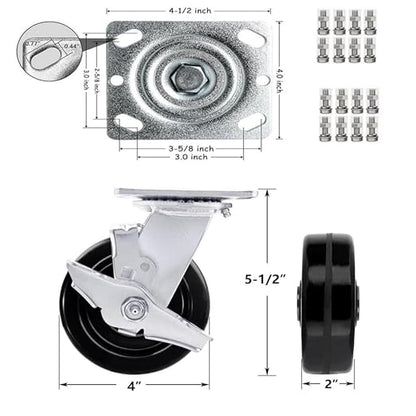 Heavy Duty Casters - Industrial Casters Phenolic Caster with Strong Load-Bearing Capacity 3000-6000 LB,Used in Furniture,WorkBrench,Tool Box, Equipment (4" Rigid+Brake, pcs, 4)