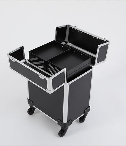 Black Rolling Makeup Case, Professional Cosmetic Box Storage on Wheels, Large Make Up Train Carrying Cases w/4 Organizer Trays, Cosmetic Case Trolley with Locks for Makeup/Nail Art/Hair Styling