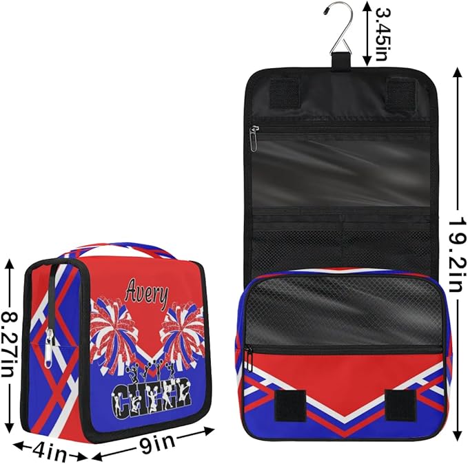 Custom Name Toiletry Bag Travel Bag with Hanging Hook, Makeup Cosmetic Bag Travel Full Sized Container Organizer for Shampoo, Toiletries. Red Royal Blue Black Cheerleader Silhouette