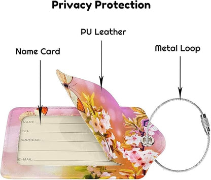 2 Packs Beautiful Spring Flowers PU Leather Luggage Tags Butterfly Suitcase Labels Bag Tags Cute Name ID Labels with Privacy Cover for Women Teen Girls Pink Yellow Background