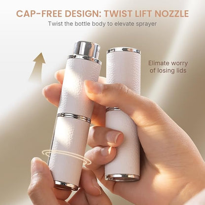 Perfume Atomizer, Rotary-Lift Nozzle, Cap-Free, Leather Refillable Spray Bottle, High-end Portable Dispenser, Travel Size TSA Approved 0.27oz/8 ml (White Purple)