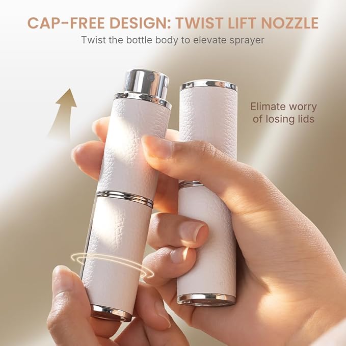 Perfume Atomizer, Rotary-Lift Nozzle, Cap-Free, Leather Refillable Spray Bottle, High-end Portable Dispenser, Travel Size TSA Approved 0.27oz/8 ml (White Black)