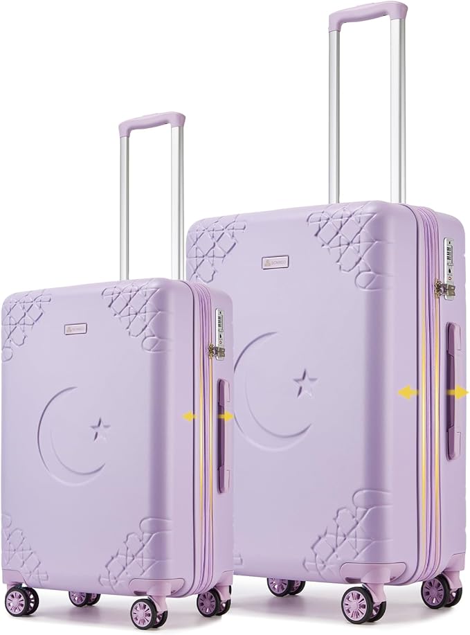 Somago Expandable 2-Piece Luggage Sets 20"/24" Suitcases with Shock-Absorbing Braking Spinner Wheels Moon Star Design Hard Shell Suitcase with Cupholder TSA Lock (Light Purple,Expandable 20/24 Inch)