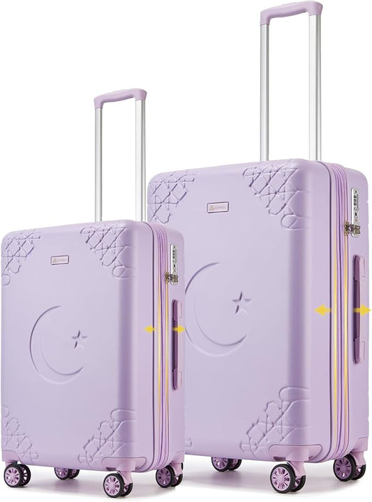 Somago Expandable 2-Piece Luggage Sets 20"/24" Suitcases with Shock-Absorbing Braking Spinner Wheels Moon Star Design Hard Shell Suitcase with Cupholder TSA Lock (Light Purple,Expandable 20/24 Inch)