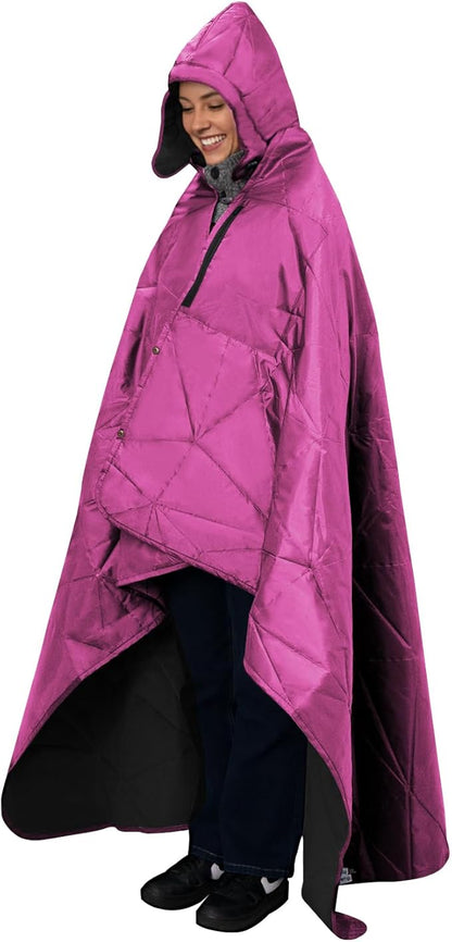 Outdoor Waterproof Blanket, Foldable Fleece Stadium Blanket for Outdoor Sports Event, Camping, Car, Pet, Picnics - Windproof, Wearable, Machine Washable 80" x 58" (Rose Purple,Hooded)