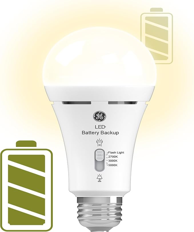 GE LED+ Backup Battery LED Light Bulbs, A21 Rechargeable Light Bulbs for Power Outages and Emergencies, Flashlight, 3 Color Temperatures (2 Pack)