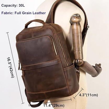 Vintage Genuine Leather 14 Inch Laptop Backpack,Hiking Travel Bag Anti Theft Camping Daypack