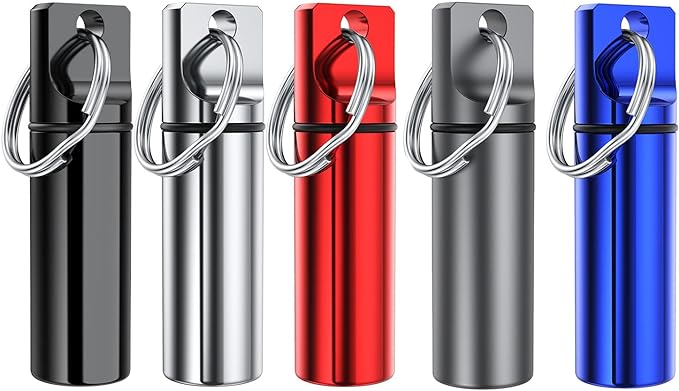 Small Portable Pill Box Keychain (5 Pack), Aluminium Alloy Mini Pill Organizer Case Container for Purse,Waterproof Metal Pill Holder Medicine Bottle for Outdoor Camping Travel