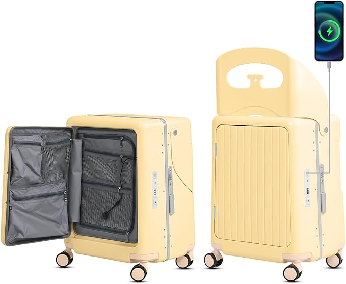smilesun 22" Carry On Luggage with Seat For Kids & Adults，Hardside Ride On Suitcase Front Opening with 360°Spinner and TSA Lock For Travel (Yellow with Front Open, 22")